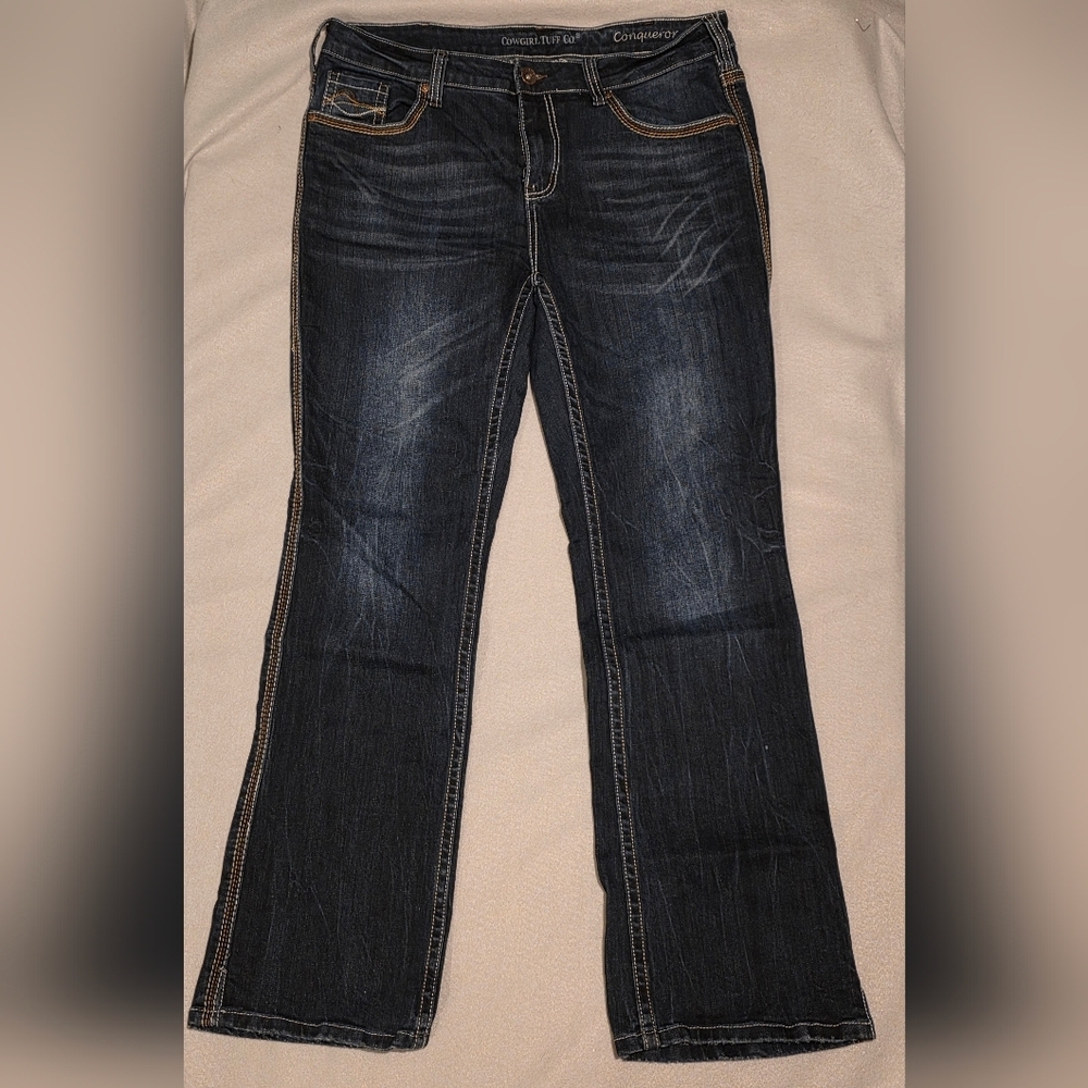 Cowgirl Tuff “Patina II” Jeans Women’s Size 35x33 Dark‎ Wash Mid Rise Bootcut